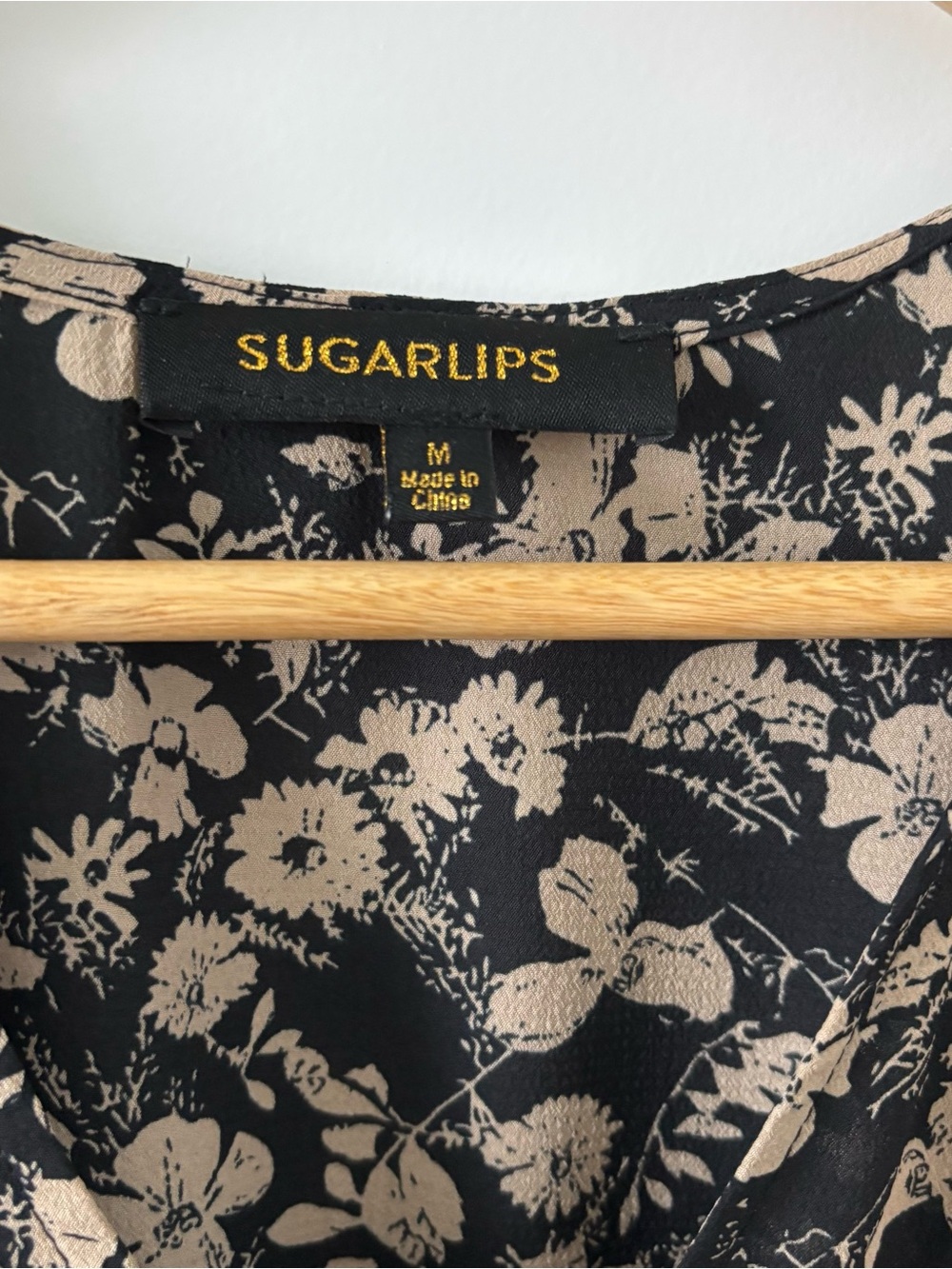 Sugarlips Black Floral Smocked V-Neck Mini Dress Size M - Picture 3 of 7